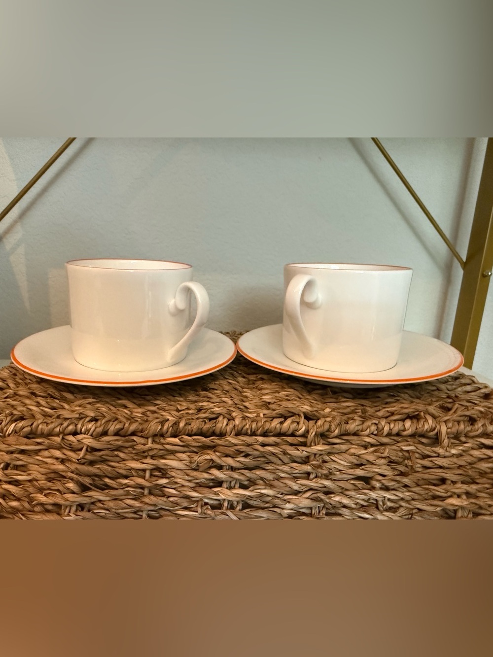 VTG Queen's Fine Bone China Orange Rim Tea Cups & Saucers Set of 2